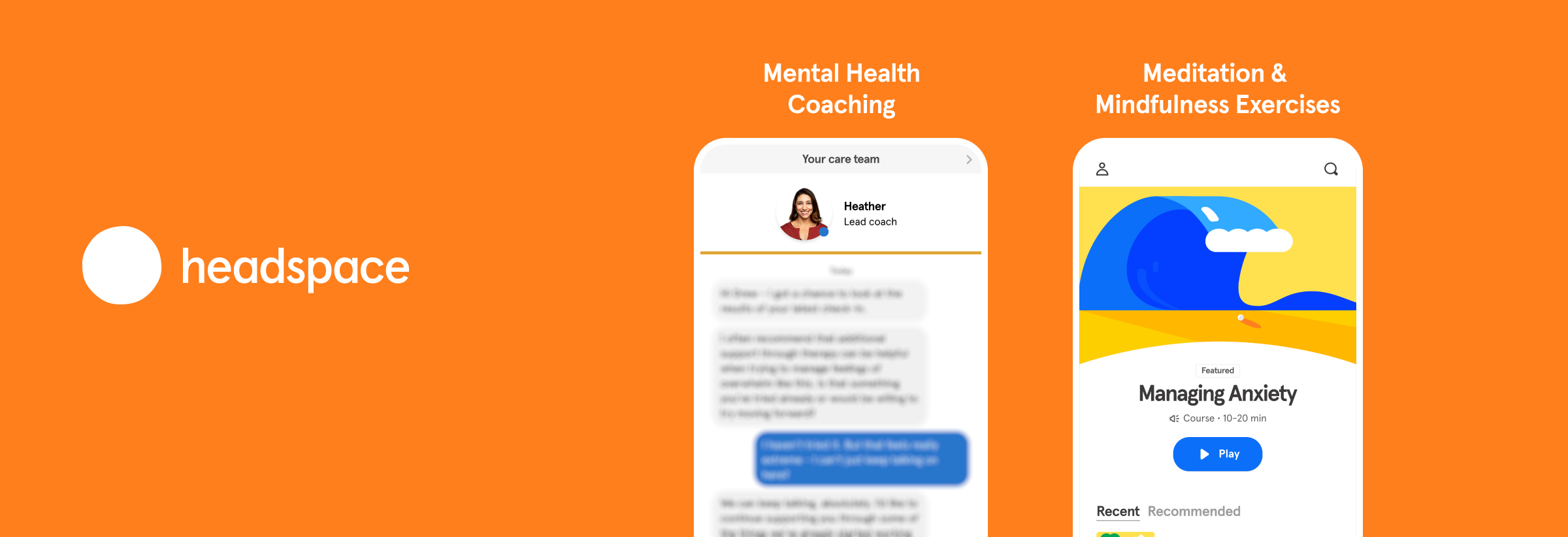 Graphic featuring the Headspace logo on an orange background. It showcases mental health coaching and meditation exercises, with app interface visuals of a chat with a lead coach and a course titled "Managing Anxiety."